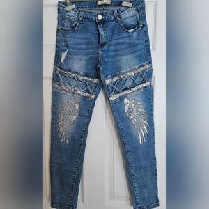 European Stylish Fancy And Comfortable  Blue Jeans with Silver Embellishments.